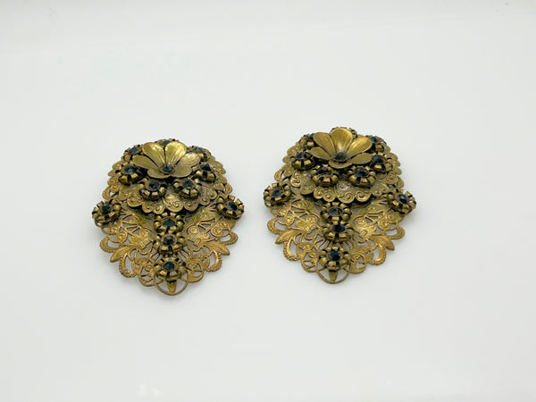 Antique Victorian Elaborate Dress Clips with Filigree and Black Stones