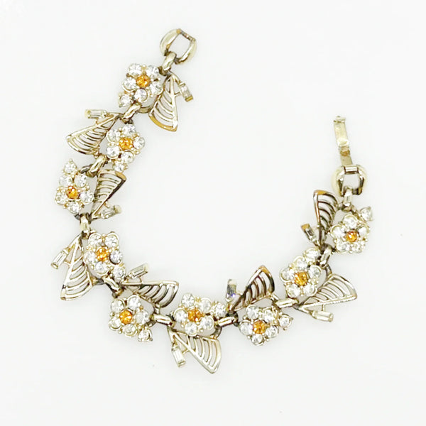 Vintage Dainty Daisy Bracelet with Bright Yellow and Clear Stones