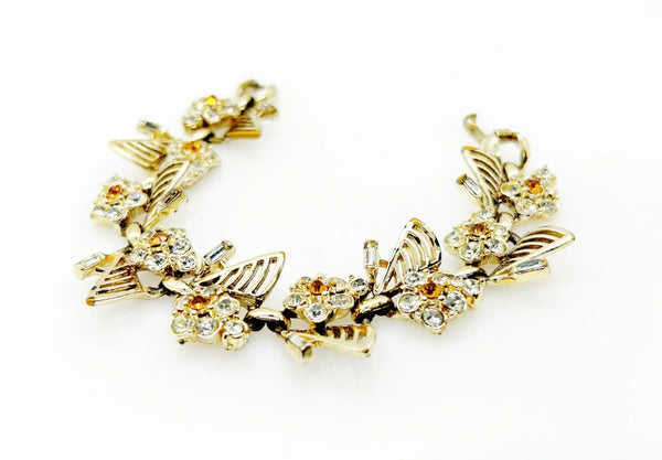 Vintage Dainty Daisy Bracelet with Bright Yellow and Clear Stones
