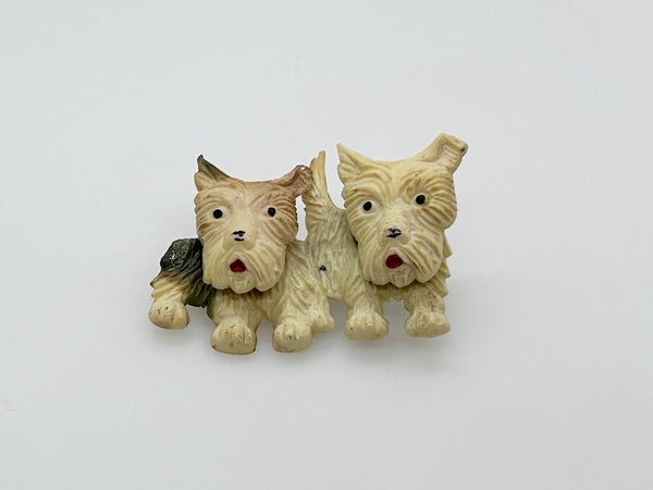 Celluloid Double Trouble Terrier Vintage Dog Brooch