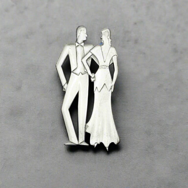 Signed JJ 1988 Art Deco Style Formal Dressed Couple Brooch
