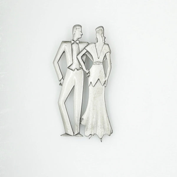 Signed JJ 1988 Art Deco Style Formal Dressed Couple Brooch