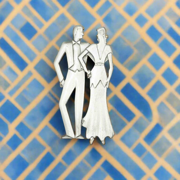 Signed JJ 1988 Art Deco Style Formal Dressed Couple Brooch