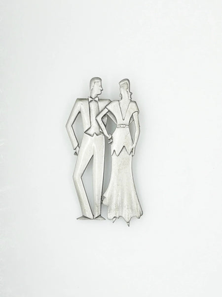 Signed JJ 1988 Art Deco Style Formal Dressed Couple Brooch