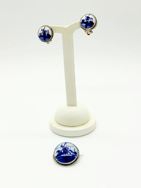 Delft Blue and White Porcelain Round Brooch and Clip Earring Set