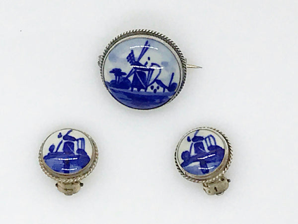 Delft Blue and White Porcelain Round Brooch and Clip Earring Set