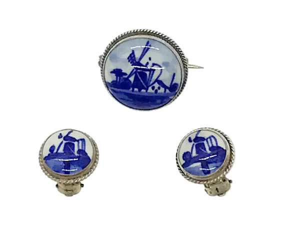 Delft Blue and White Porcelain Round Brooch and Clip Earring Set