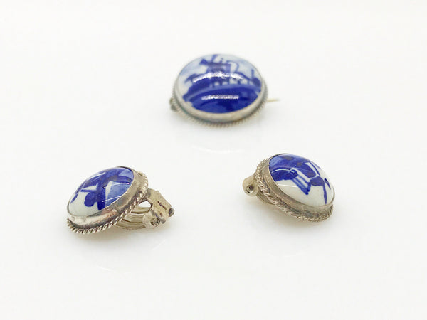 Delft Blue and White Porcelain Round Brooch and Clip Earring Set