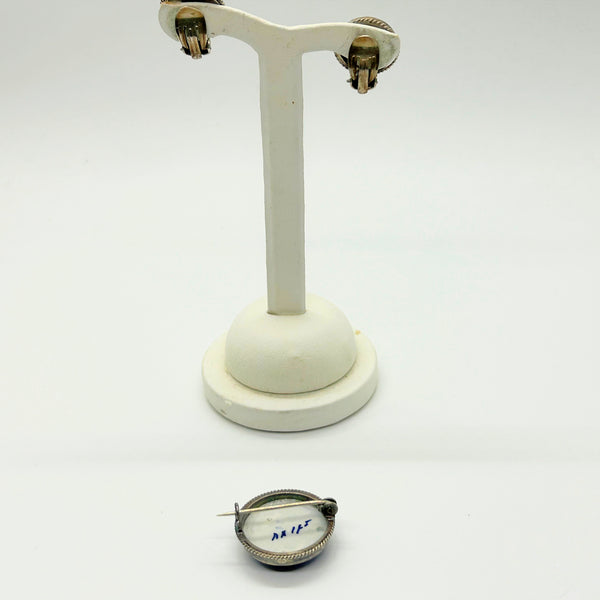 Delft Blue and White Porcelain Round Brooch and Clip Earring Set