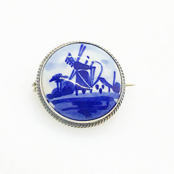 Delft Blue and White Porcelain Round Brooch and Clip Earring Set