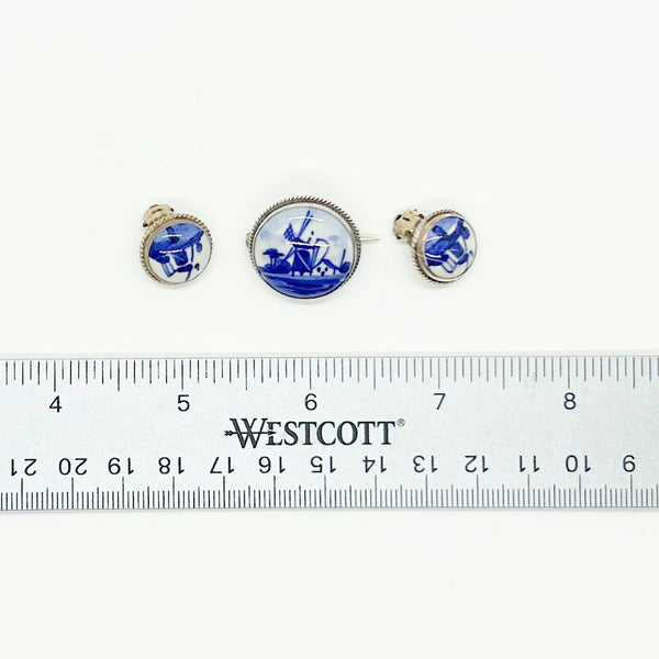Delft Blue and White Porcelain Round Brooch and Clip Earring Set