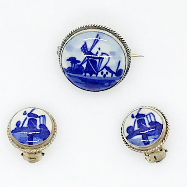 Delft Blue and White Porcelain Round Brooch and Clip Earring Set