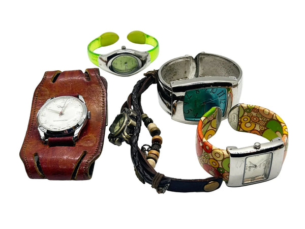 Lot "D" of Five Ladies' Non Working Watches for Parts or Repair - Vintage watch group perfect for parts or repair. Features unique cuff-style and colorful bracelet designs. Shop now!