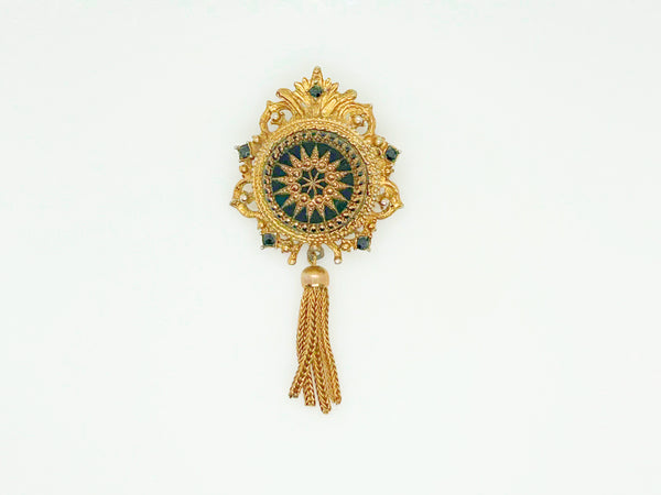 Denise Moroccan Style Gold Tone and Carved Black Glass Brooch