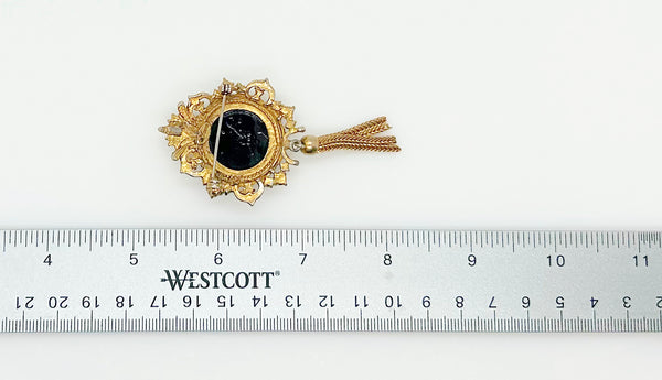 Denise Moroccan Style Gold Tone and Carved Black Glass Brooch