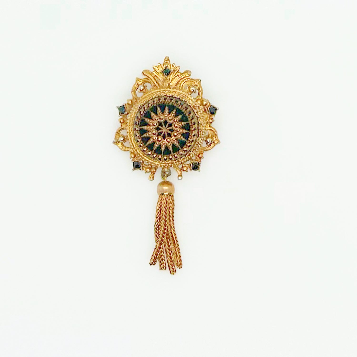 Denise Moroccan Style Gold Tone and Carved Black Glass Brooch