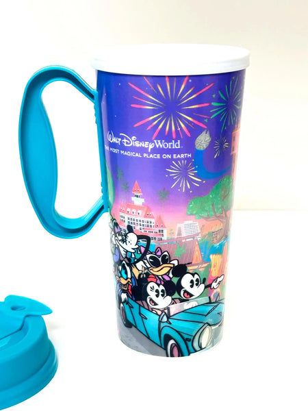 Disney World mug with cartoon characters and fireworks design on a white background