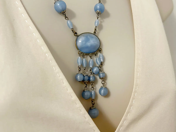 Antique Czechoslovakian Sky Blue Art Glass Drop Negligee Necklace
