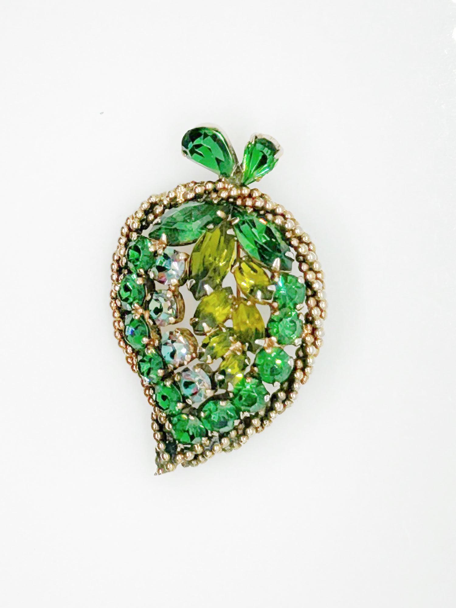 Early Unsigned Weiss Green-Gray Rhinestone Leaf Brooch