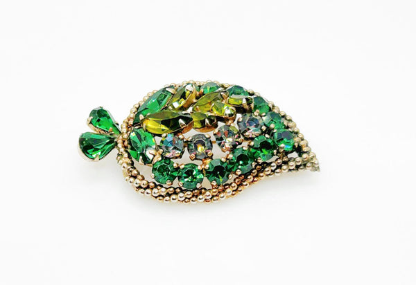 Early Unsigned Weiss Green-Gray Rhinestone Leaf Brooch