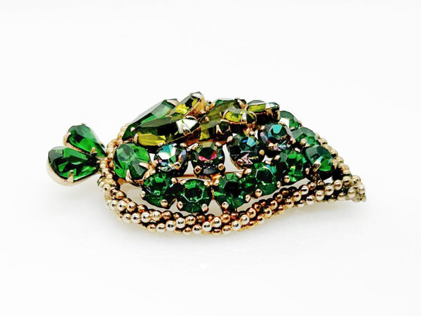 Early Unsigned Weiss Green-Gray Rhinestone Leaf Brooch