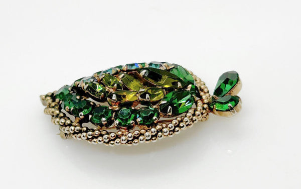 Early Unsigned Weiss Green-Gray Rhinestone Leaf Brooch