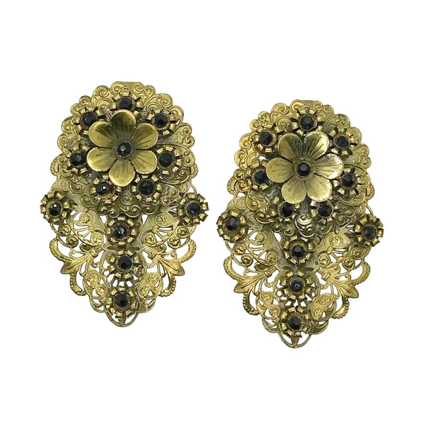 Antique Victorian Elaborate Dress Clips with Filigree and Black Stones