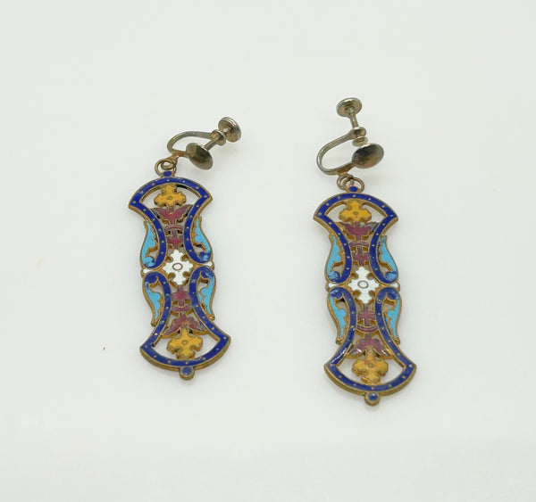 Art Nouveau Antique Champleve Enamel Brooch and Earrings