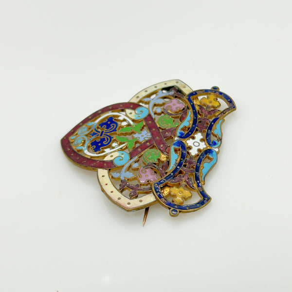 Art Nouveau Antique Champleve Enamel Brooch and Earrings