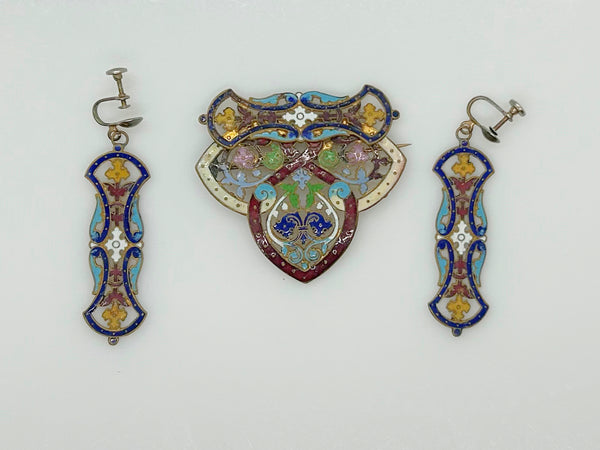 Art Nouveau Antique Champleve Enamel Brooch and Earrings