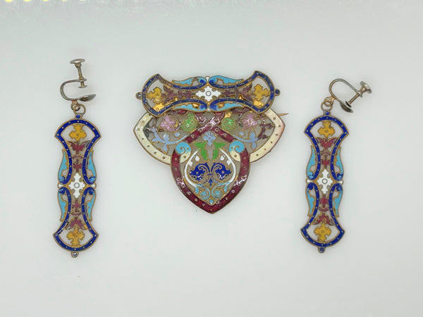 Art Nouveau Antique Champleve Enamel Brooch and Earrings