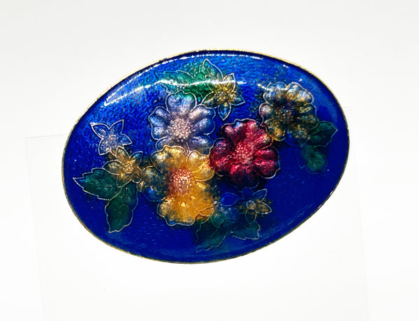 Vintage Deep Blue Enamel Oval Floral Brooch