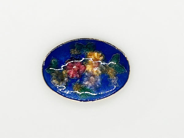 Vintage Deep Blue Enamel Oval Floral Brooch