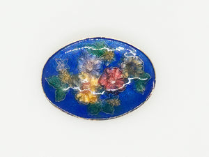 Vintage Deep Blue Enamel Oval Floral Brooch