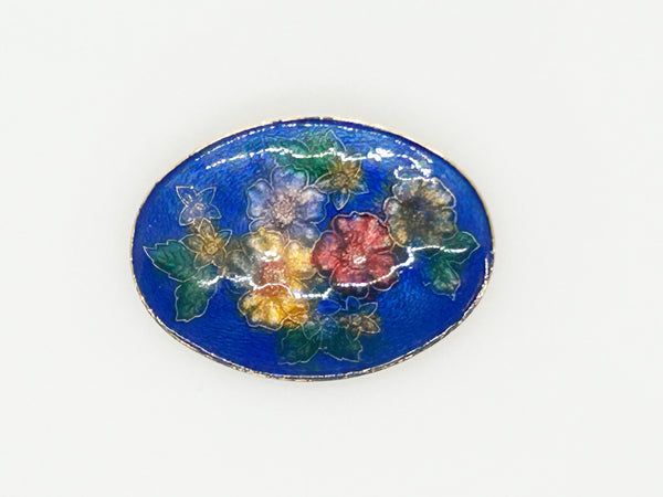 Vintage Deep Blue Enamel Oval Floral Brooch