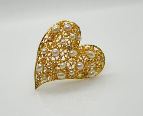 Exceptional Filigree Heart with Faux Pearls Vintage Brooch - Lamoree’s Vintage