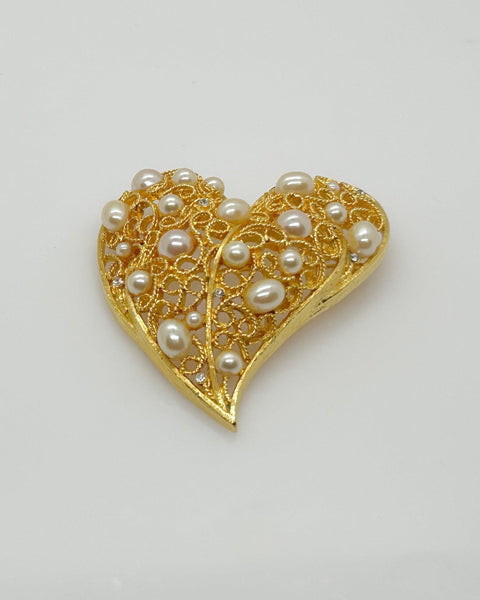 Exceptional Filigree Heart with Faux Pearls Vintage Brooch - Lamoree’s Vintage