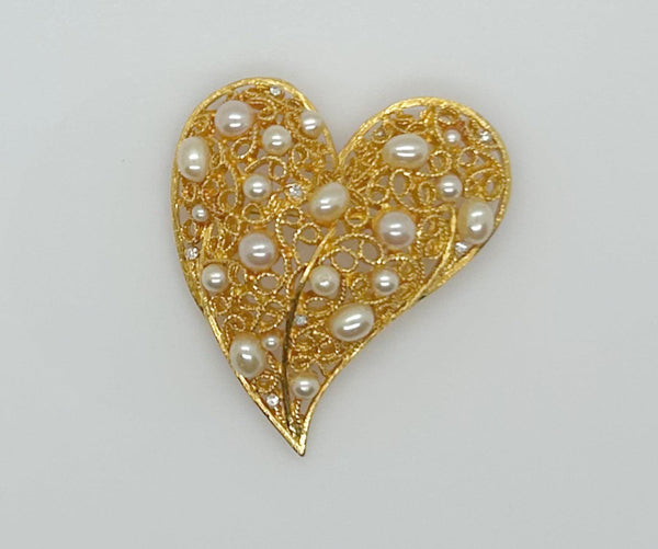 Exceptional Filigree Heart with Faux Pearls Vintage Brooch - Lamoree’s Vintage