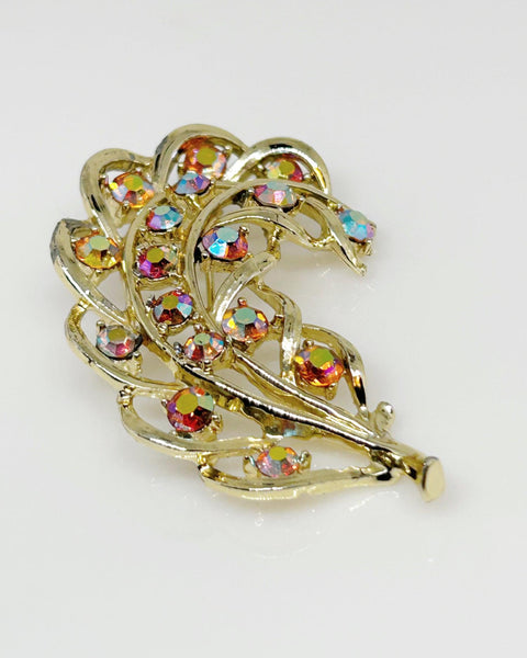 Vintage Feather Brooch with Iridescent Golden Rhinestone Detail