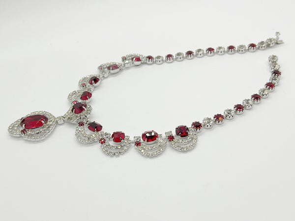 Vivid Red and Clear Rhinestones Fancy Necklace