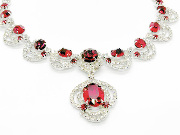 Vivid Red and Clear Rhinestones Fancy Necklace