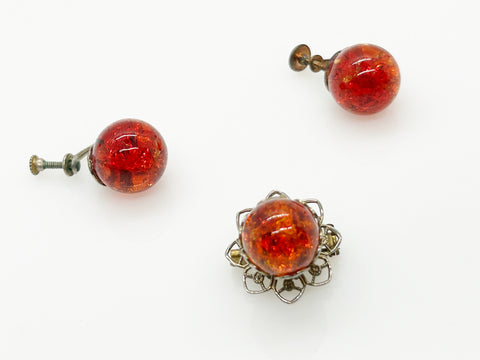 Vivid Orange Fire Opal Glass Brooch and Earring Set in Sterling