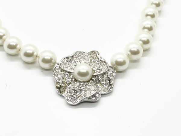 Kenneth Jay Lane Art Deco Style Faux Pearl Necklace with Sparkling Flower Clasp