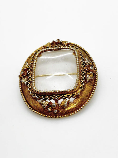 Vintage Florenza Glass Brooch with Elaborate Frame