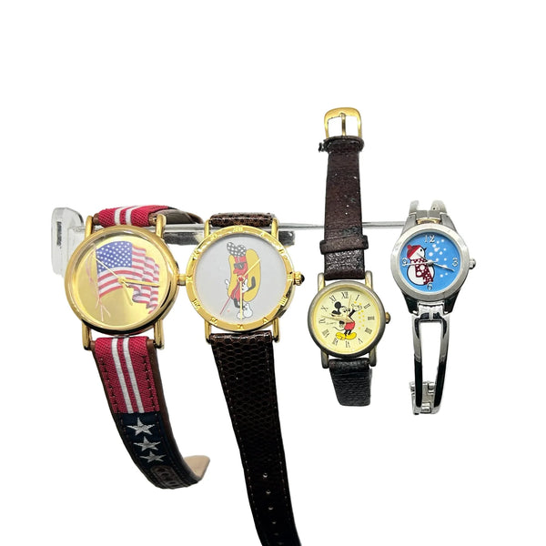 This is a group of four ladies' watches featuring graphic designs - an American flag, Mickey Mouse, a hot dog and a snowman. I don't know if any work, or just require batteries or can be repaired.  The lot would also provide parts for other watches or even craft projects. They are untested.