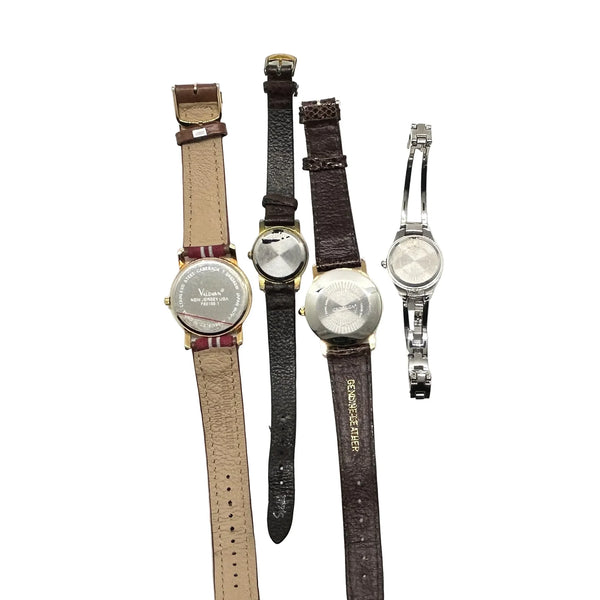 This is a group of four ladies' watches featuring graphic designs - an American flag, Mickey Mouse, a hot dog and a snowman. I don't know if any work, or just require batteries or can be repaired.  The lot would also provide parts for other watches or even craft projects. They are untested.