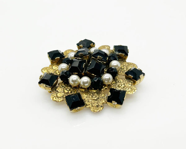 Vintage Frierich Brooch with Black Beads and Faux Pearls