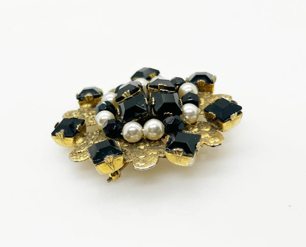 Vintage Frierich Brooch with Black Beads and Faux Pearls