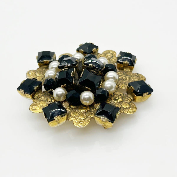 Vintage Frierich Brooch with Black Beads and Faux Pearls