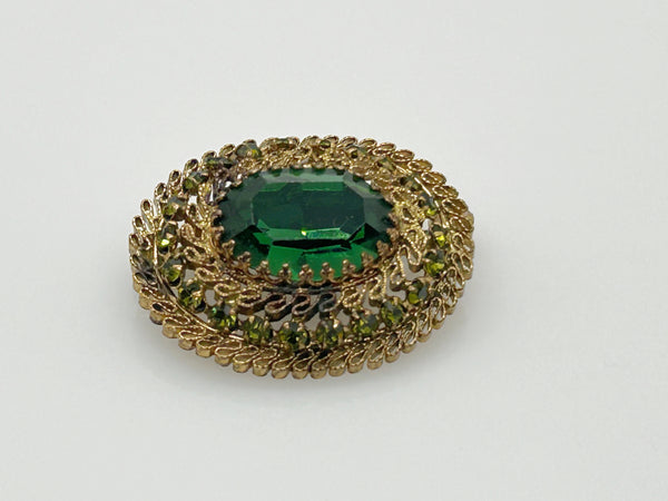 Fine Antique Filigree Austria Oval Brooch with Green Stones